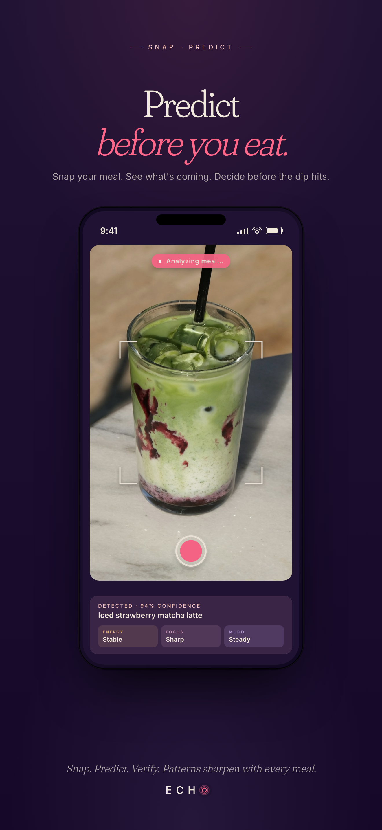Camera viewfinder analyzing a matcha latte with Energy, Focus and Mood prediction chips